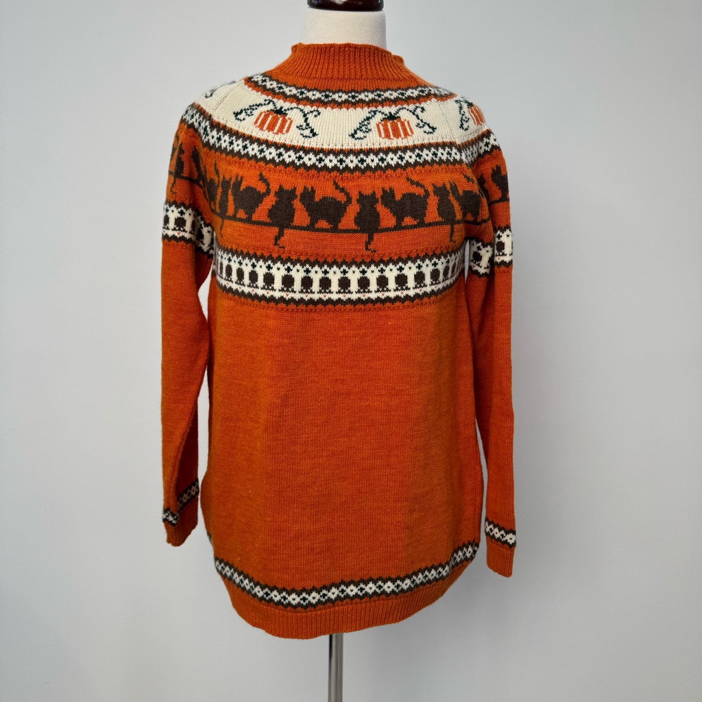 The Witch’s Cabin Orange Patterned Cat And Pumpkin Wool Sweater Size M Womens
